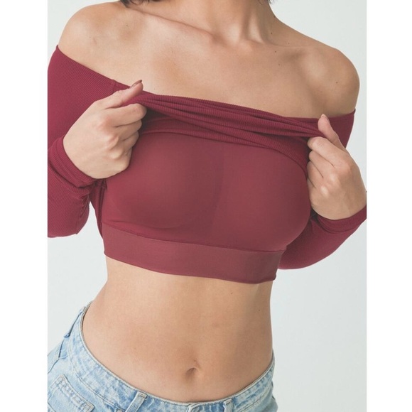 Klassy Network Off Shoulder Longsleeve Brami Top Womens Large Dark Cherry Padded - Picture 5 of 7